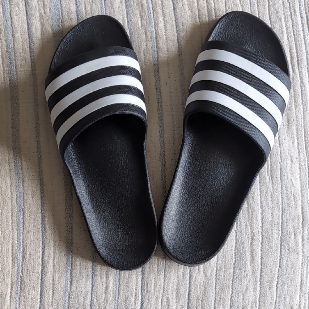 Adidas Black Slides with White Stripes